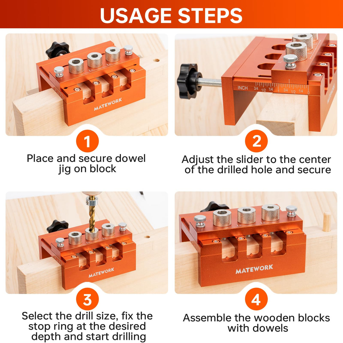 Matework Dowel Jig aiding DIY furniture assembly with straight holes
