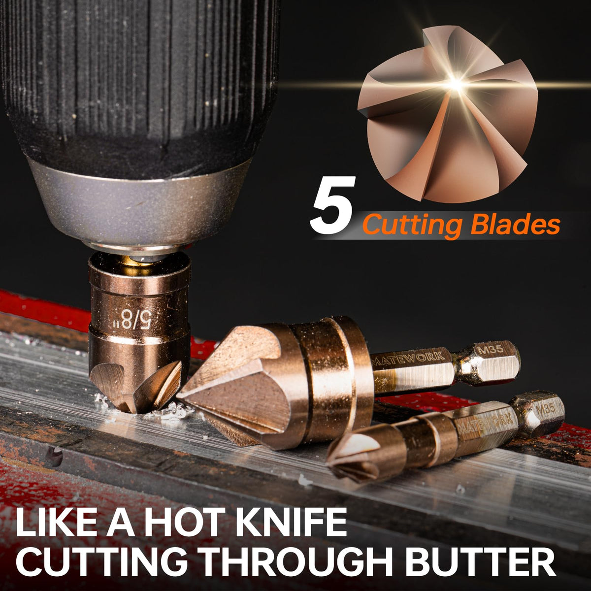 Matework quick-change hex shank enables fast bit swaps.