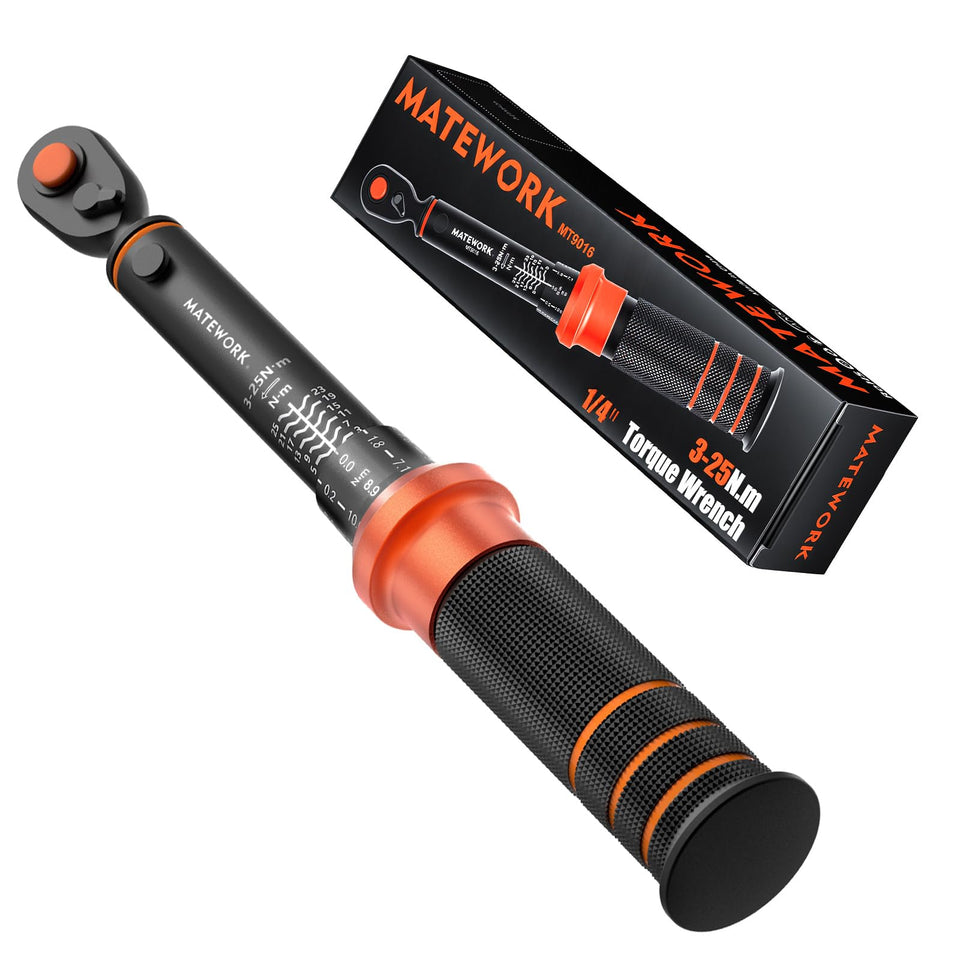 Matework torque wrench dial shows dual-range scale for precision.