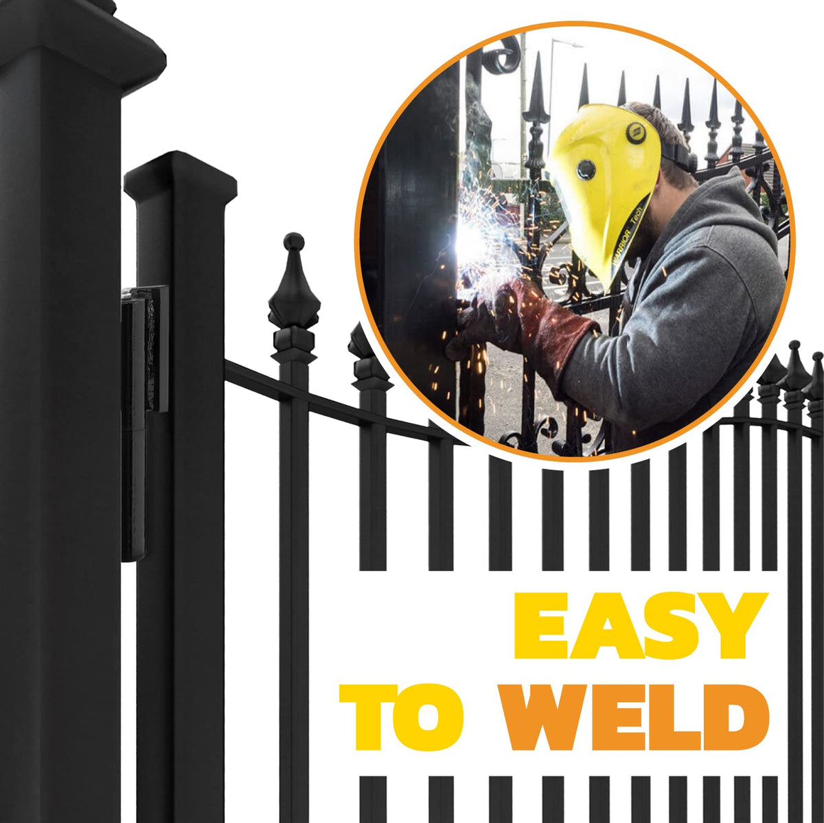 Hinges installed on a metal gate with durable black finish.