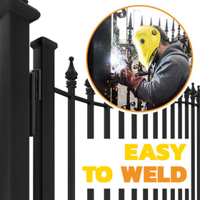 Hinges installed on a metal gate with durable black finish.