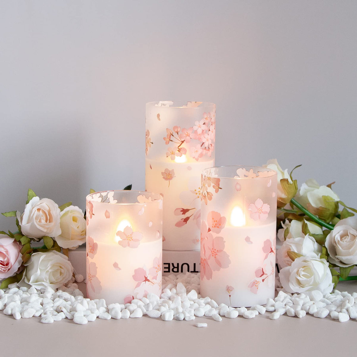 Mavandes cherry blossoms glass candle, 6-inch, timer features for automatic lighting