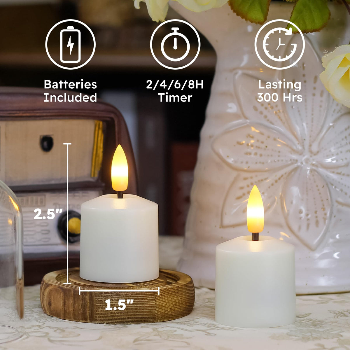 Mavandes battery-operated candle offers long-lasting glow for continuous ambiance.