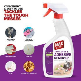 Max Strip adhesive remover safely removes stickers and tape residues from various surfaces.