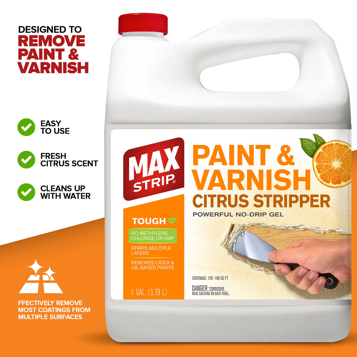 Max Strip citrus stripper on wood surfaces prepares for clean varnish removal