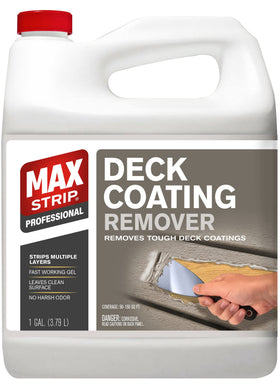 Max Strip Deck Coating Remover bottle application showing easy use on a deck surface