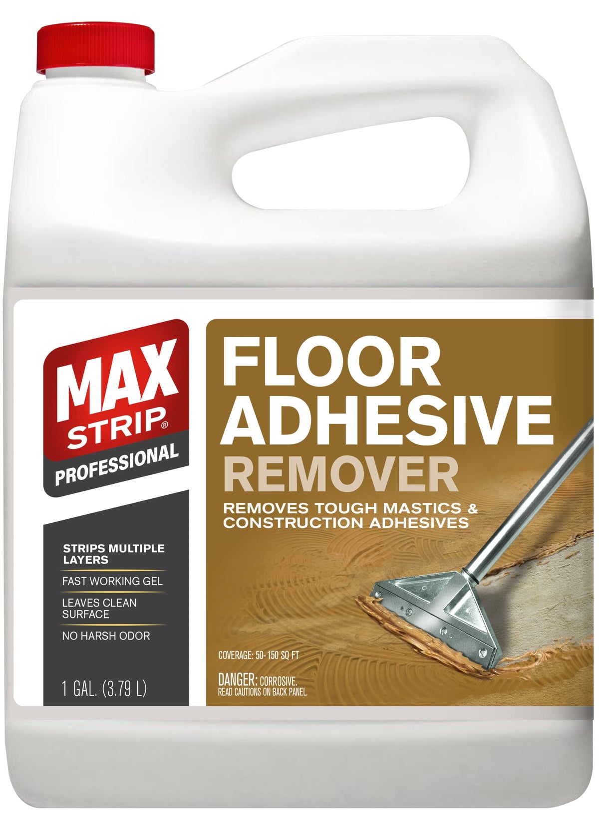 Max Strip adhesive remover bottle shown for efficient mastic removal on floors