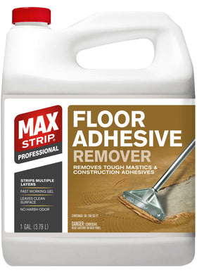 Max Strip adhesive remover bottle shown for efficient mastic removal on floors