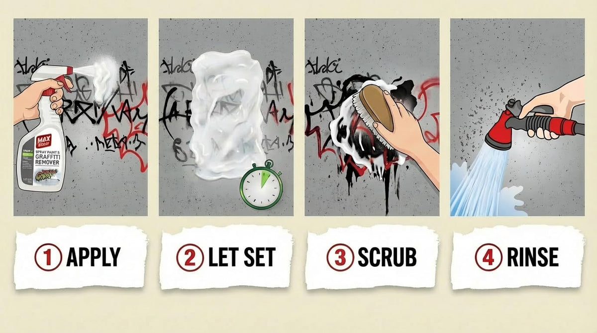 Max Strip graffiti remover spray bottle illustrating easy application for walls.