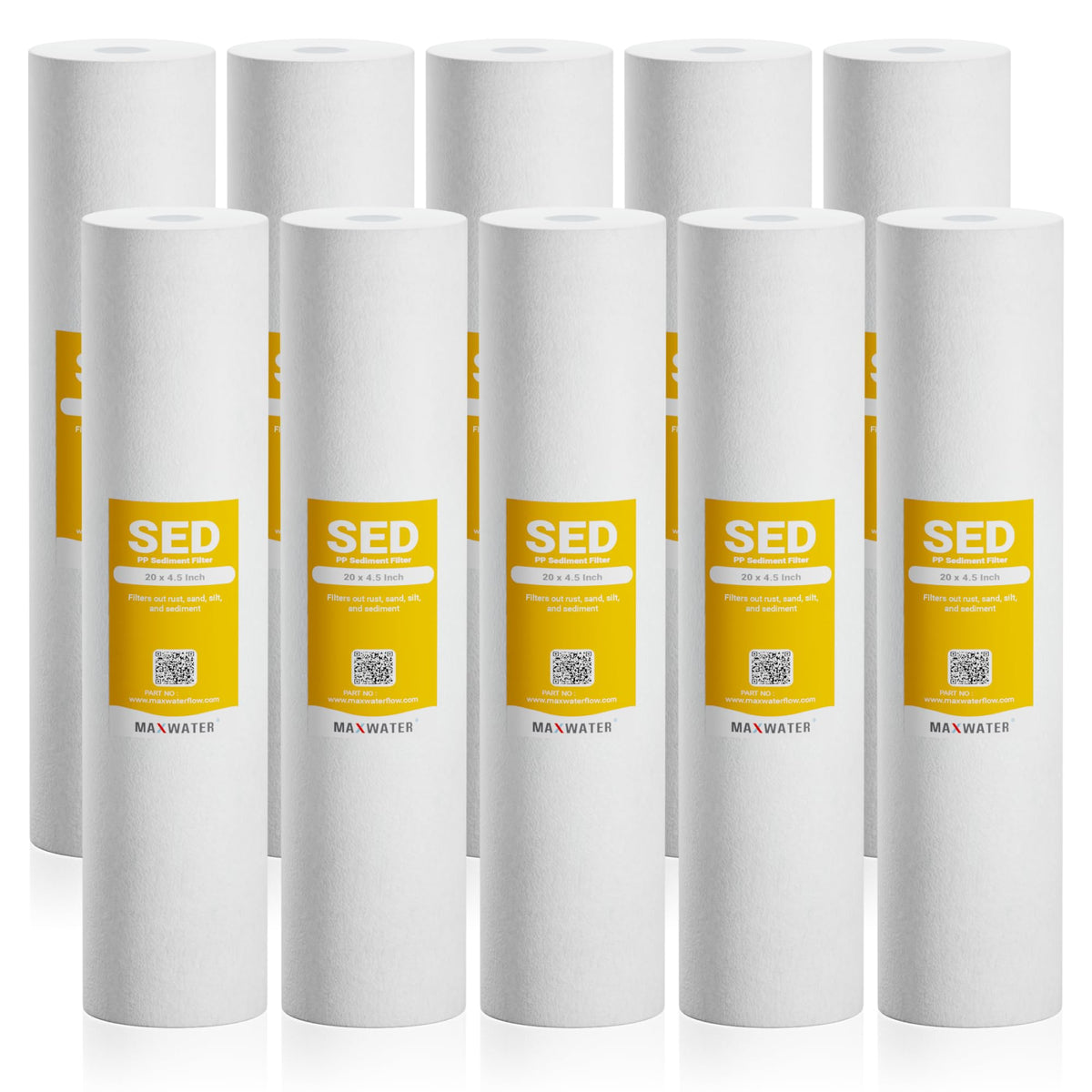 Max Water 5-micron sediment filter front view for 20x4.5 housing, focused on build quality.