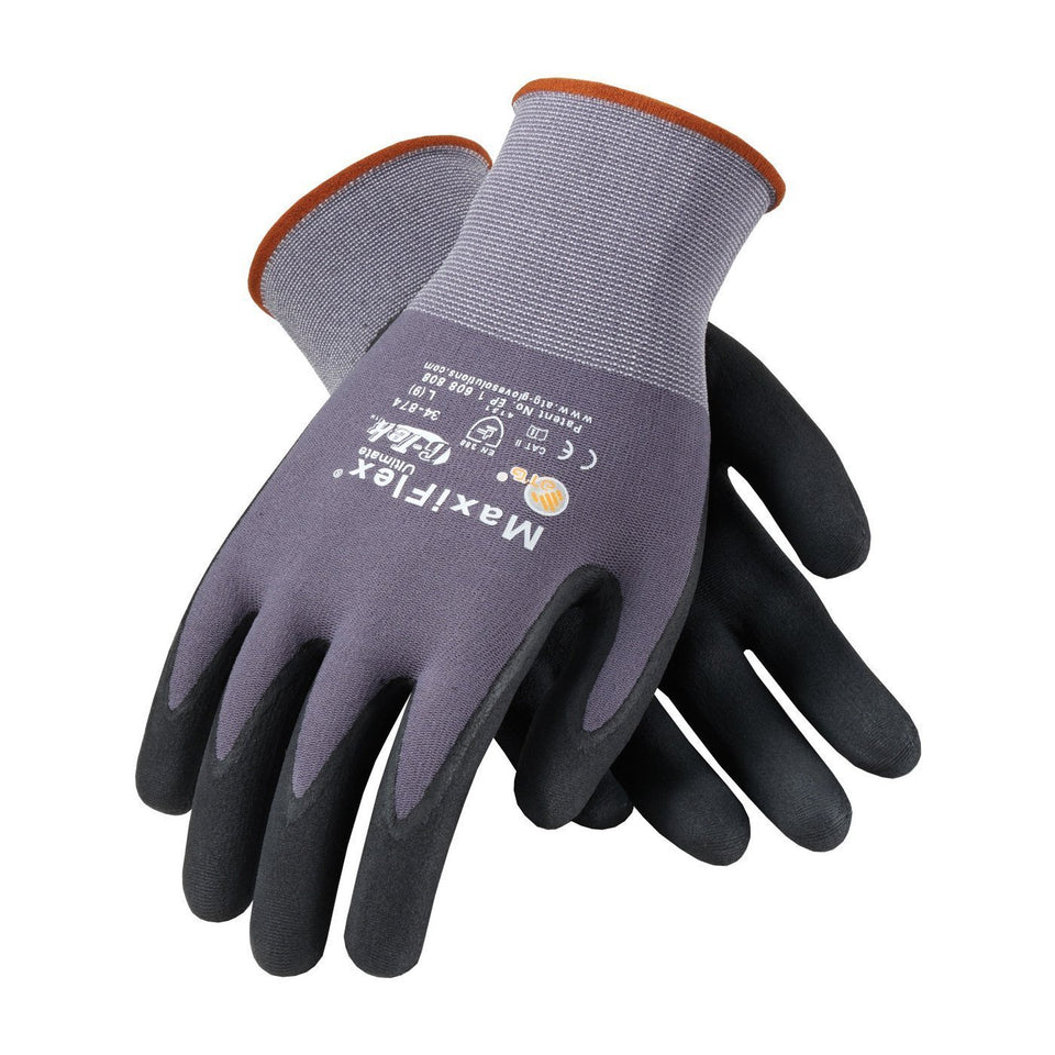 MaxiFlex 34-874 palm gloves with nitrile micro-foam grip for precise handling in dry environments.