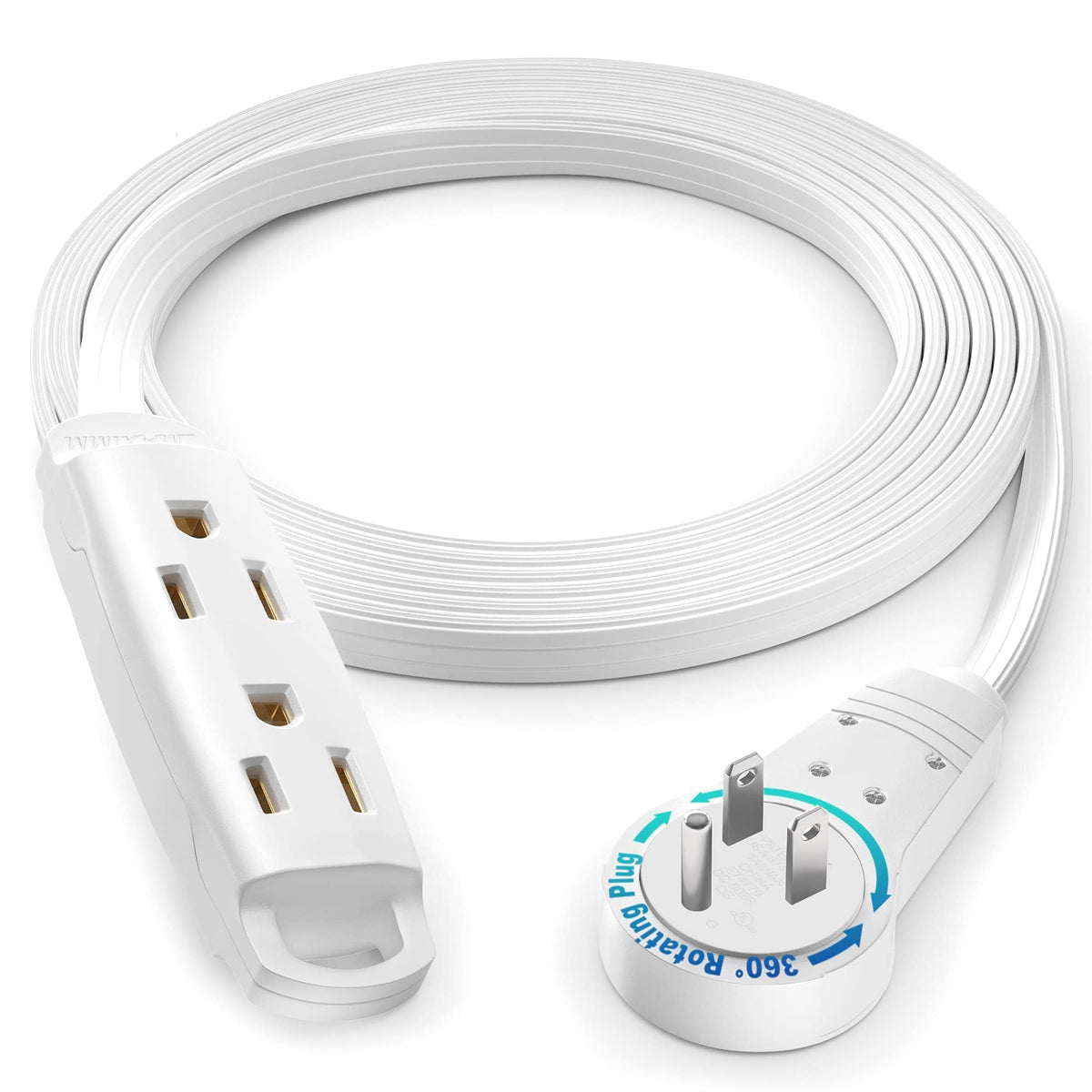 Maximm 360-degree rotating flat extension cord front view shows compact space-saving design.