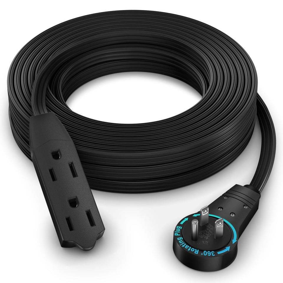 Maximm 360° rotating flat plug with three outlets for flexible power access.