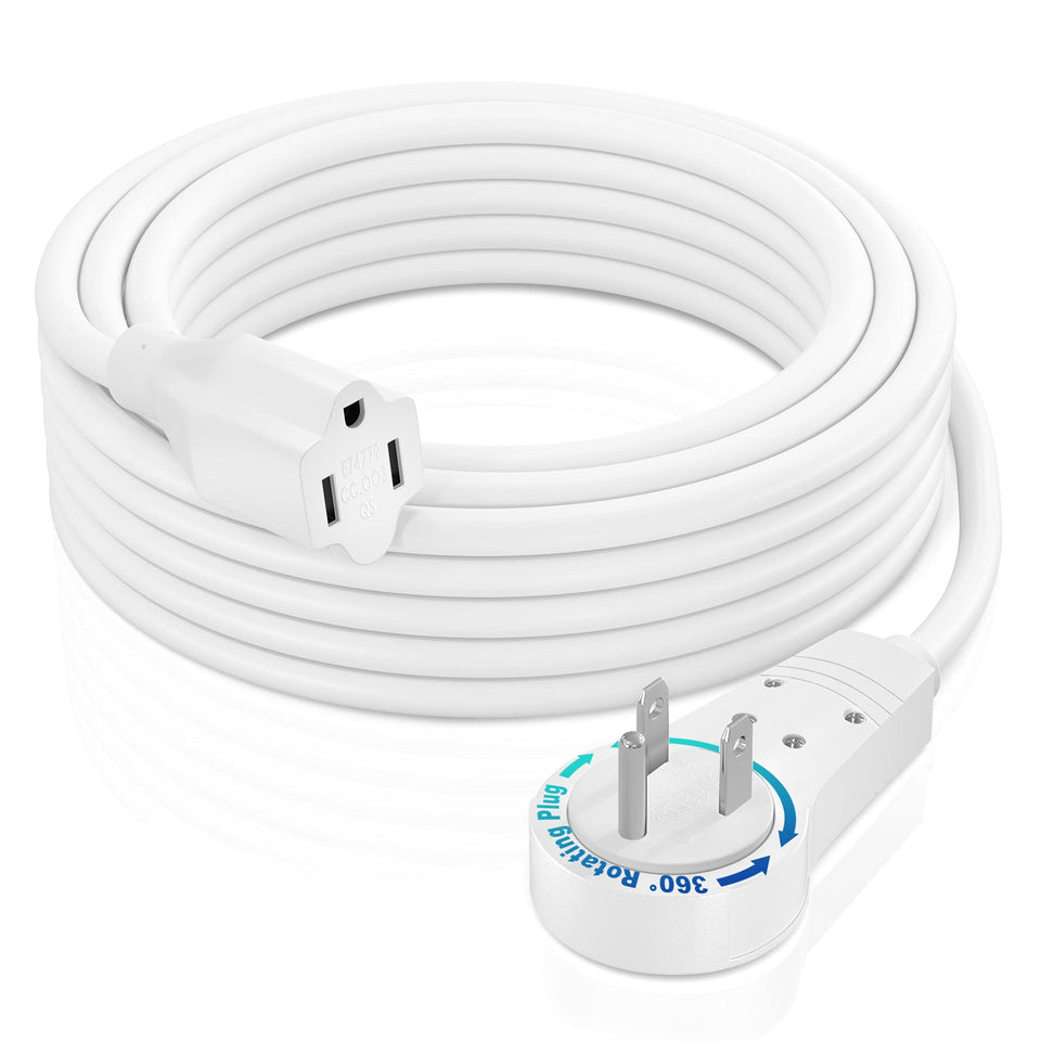 Maximm extension cord 10 ft white flat plug, ideal for tight spaces.