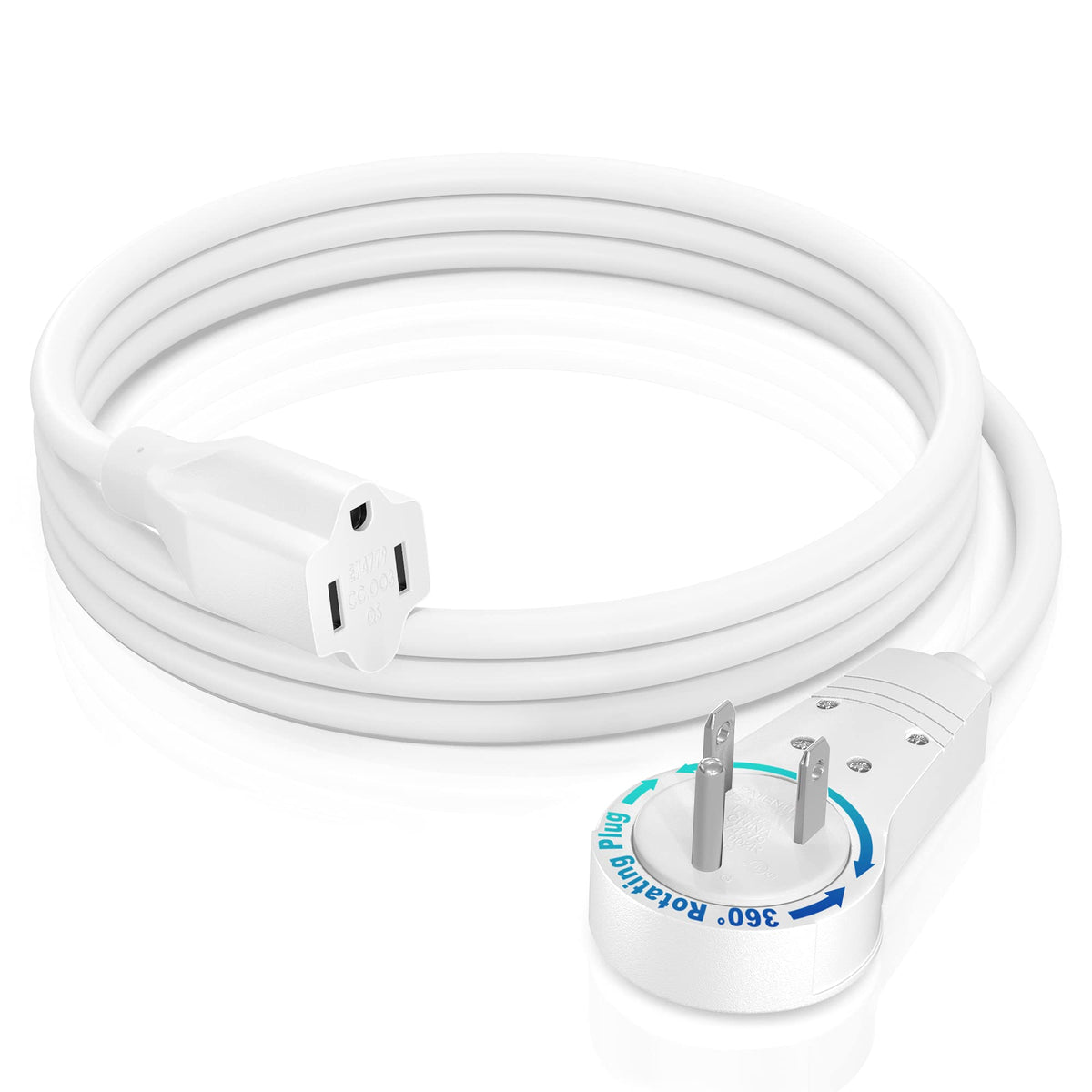 Maximm extension cord with 360° rotating plug for versatile outlet access.