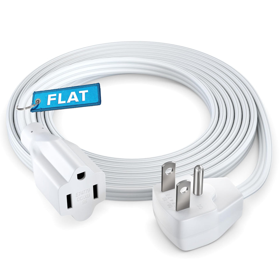 Maximm extension cord with flat plug for discreet behind-furniture placement