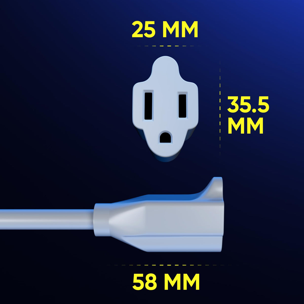 Maximm space-saving design showing rotating plug for cluttered areas.
