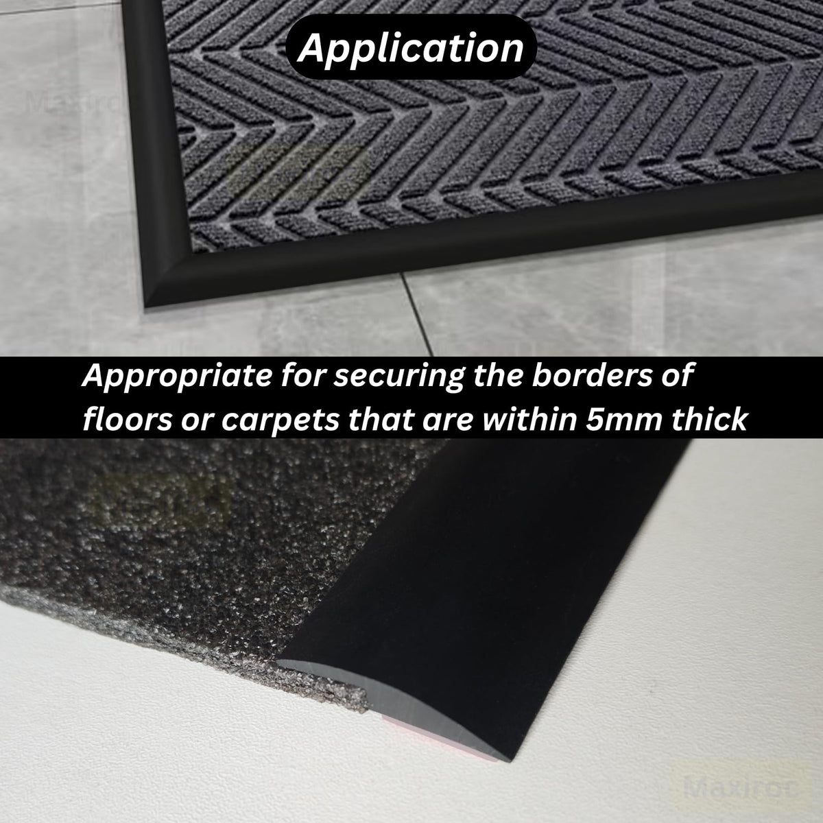 Maxiroc transition covers a 5 mm gap between uneven floors for a tidy finish.