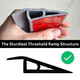 Maxiroc threshold ramp doorway installation shows quick peel-and-stick setup.