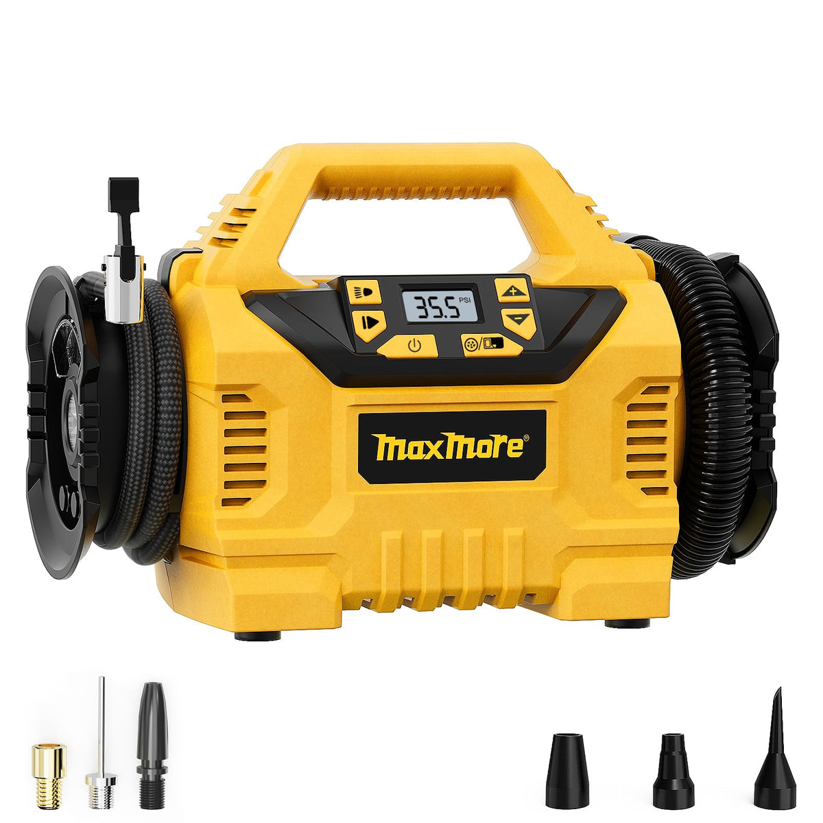 MaxMore tire inflator demonstrates DeWalt 20V compatibility for cordless use.