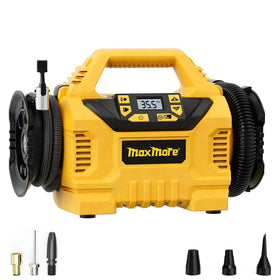 MaxMore tire inflator demonstrates DeWalt 20V compatibility for cordless use.