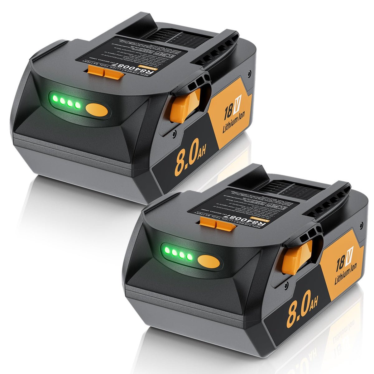 Maxofpowr 18V 8Ah battery close-up showing high capacity for longer runtime.