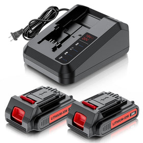 Maxofpowr 3800mAh battery pair powering Black and Decker tools with extended runtime.