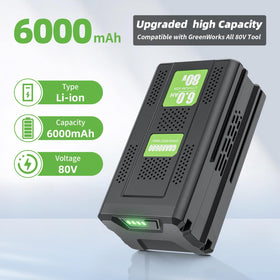Maxofpowr 80V battery compatible with Greenworks tools across GBA80200 to GBA80500.