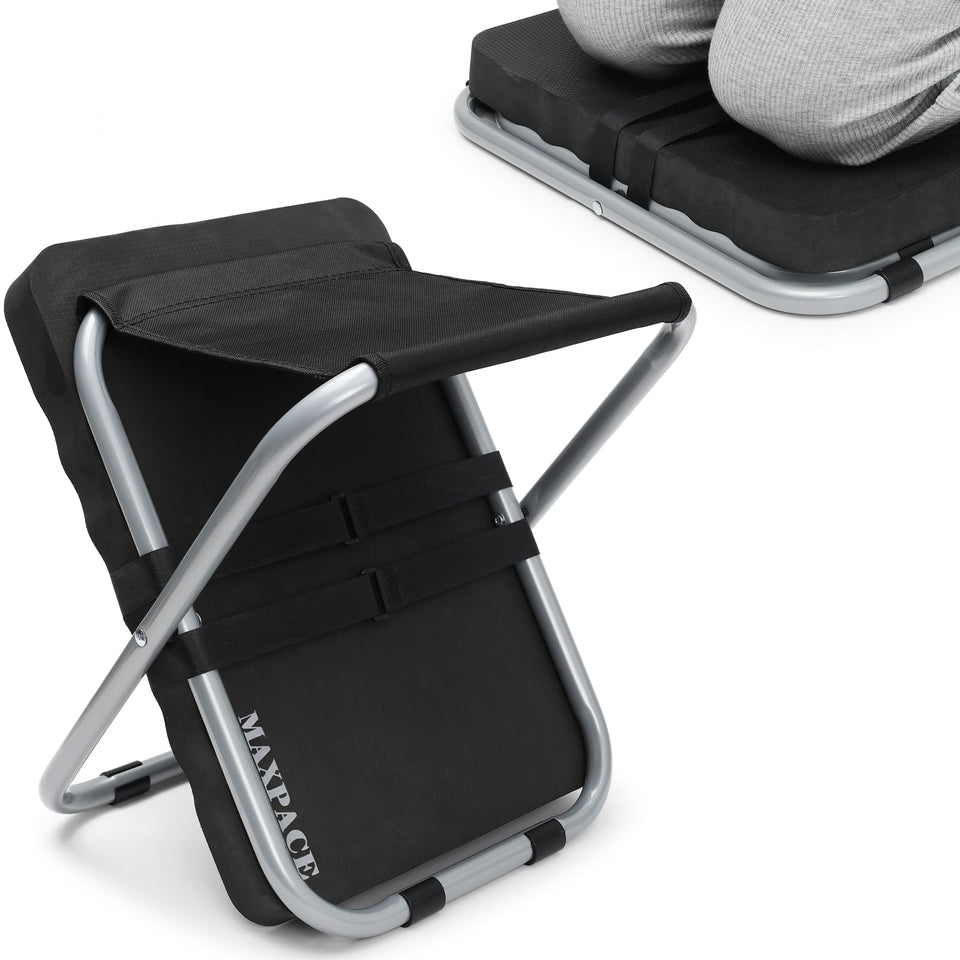 MAXPACE garden kneeler and foldable stool shown in compact folded form for easy transport.