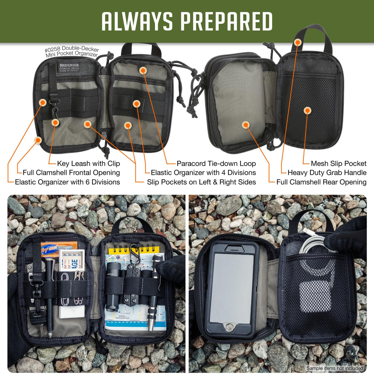 Maxpedition interior elastic divisions keep tools organized and reachable.