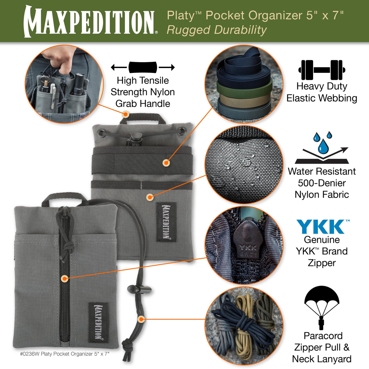 Maxpedition Platy Pocket Organizer's top webbing loop enables quick grab or hanging.