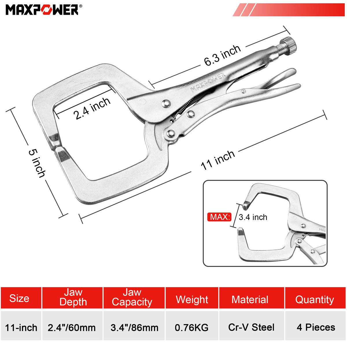 MAXPOWER 11-inch locking clamp jaw showing wide opening for versatile shapes.