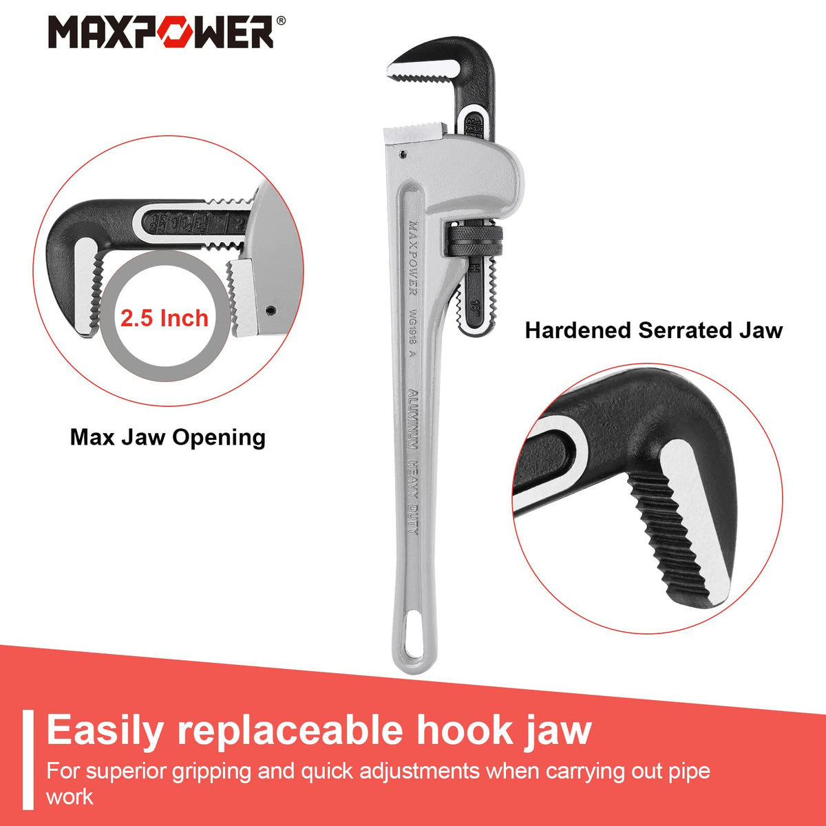 MAXPOWER wrench adjustment nut demonstrates smooth, non-stick operation for fast sizing.