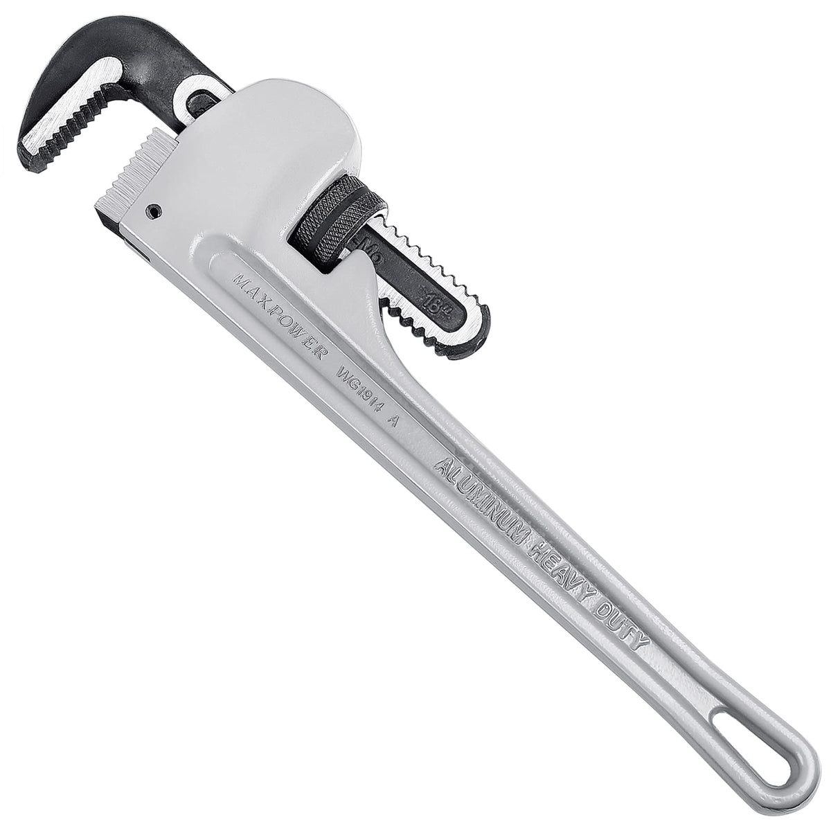 MAXPOWER 18-inch pipe wrench front view shows solid grip and balance.