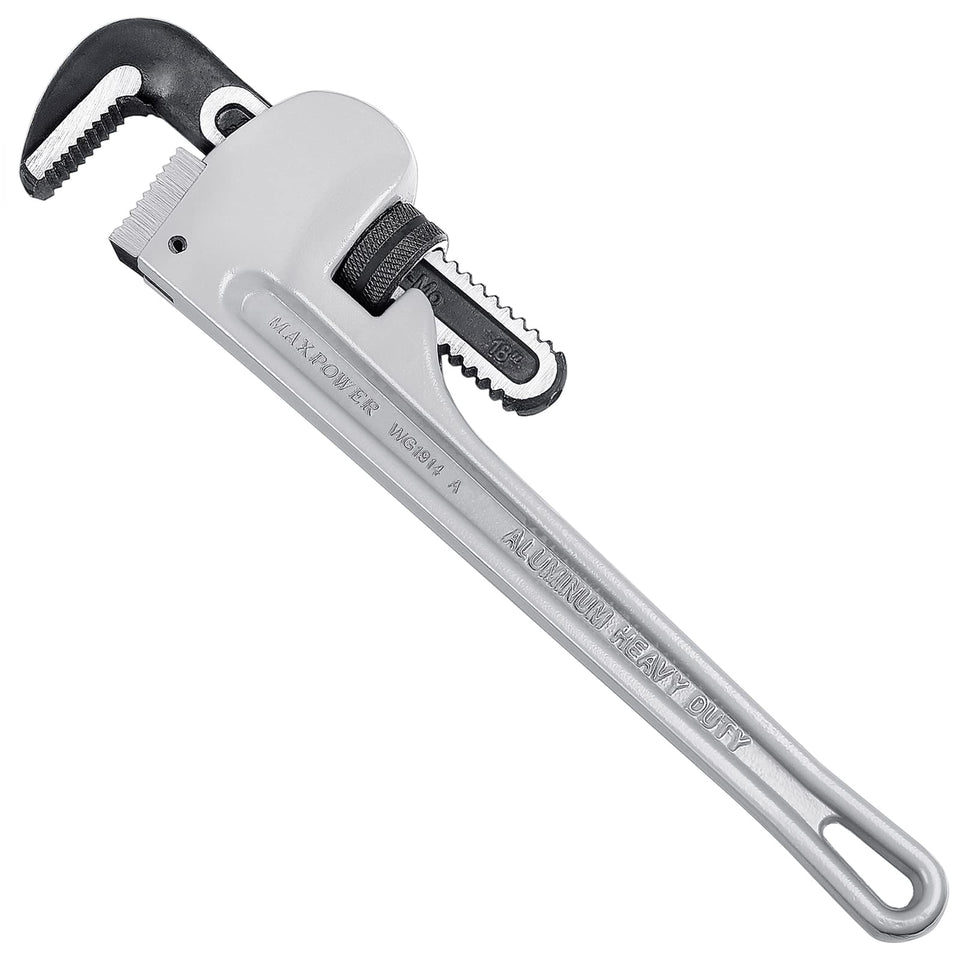 MAXPOWER 18-inch pipe wrench front view shows solid grip and balance.
