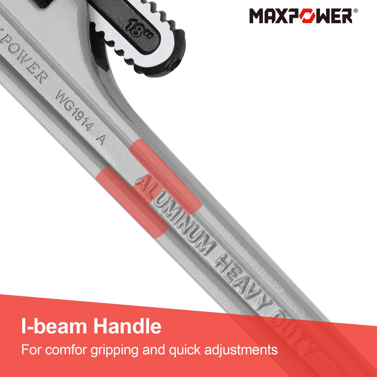 MAXPOWER 18-inch pipe wrench in use on a straight pipe for versatile tasks.