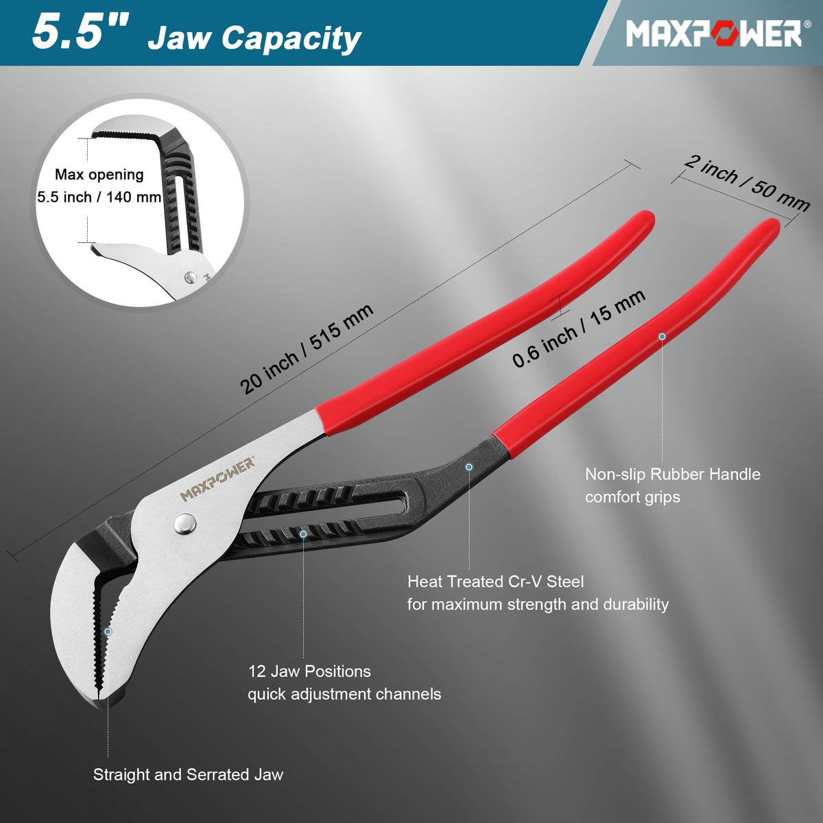 MAXPOWER 20-inch pliers adjustment slider highlighting 12 positions