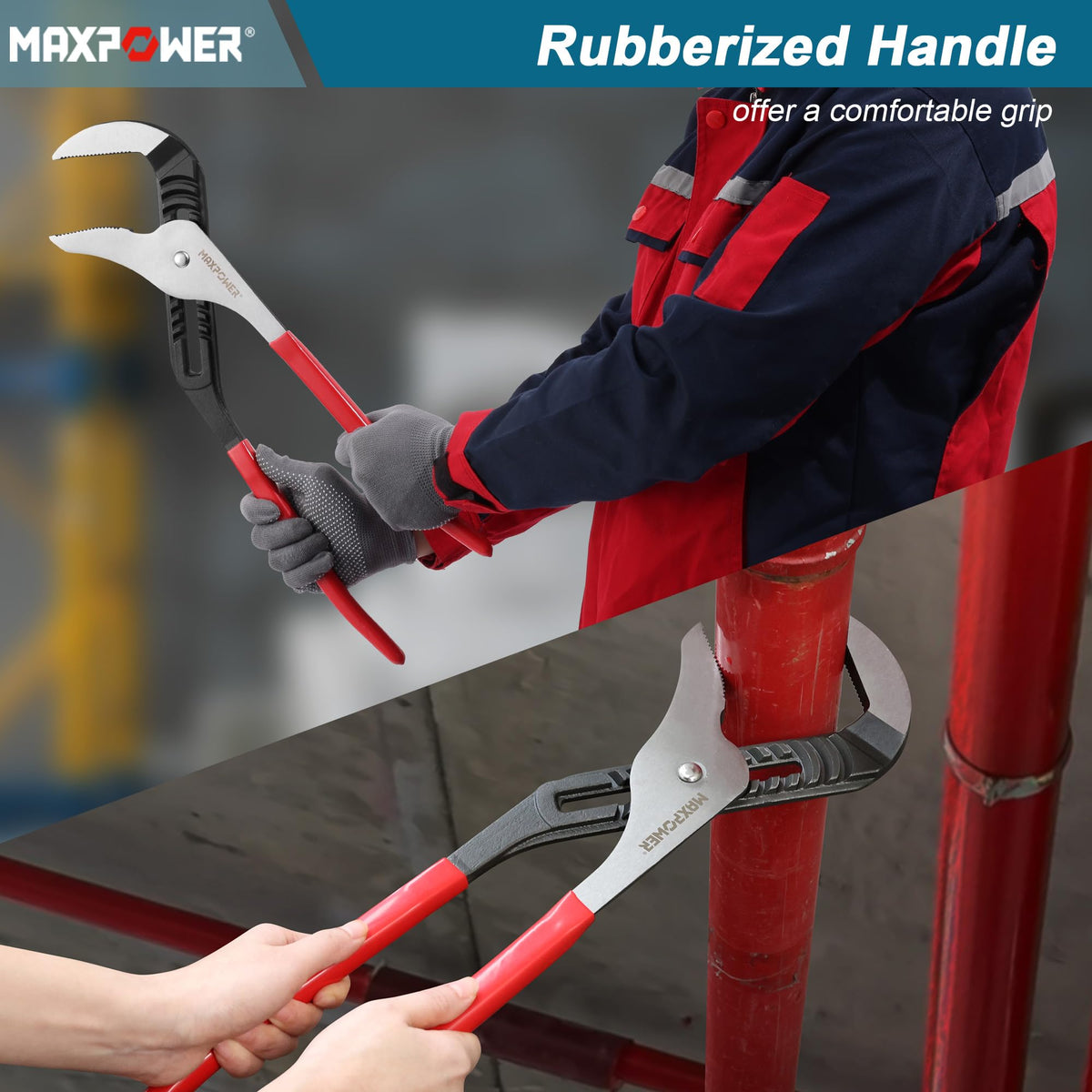 MAXPOWER pliers demonstrating bi-directional grip in tight space