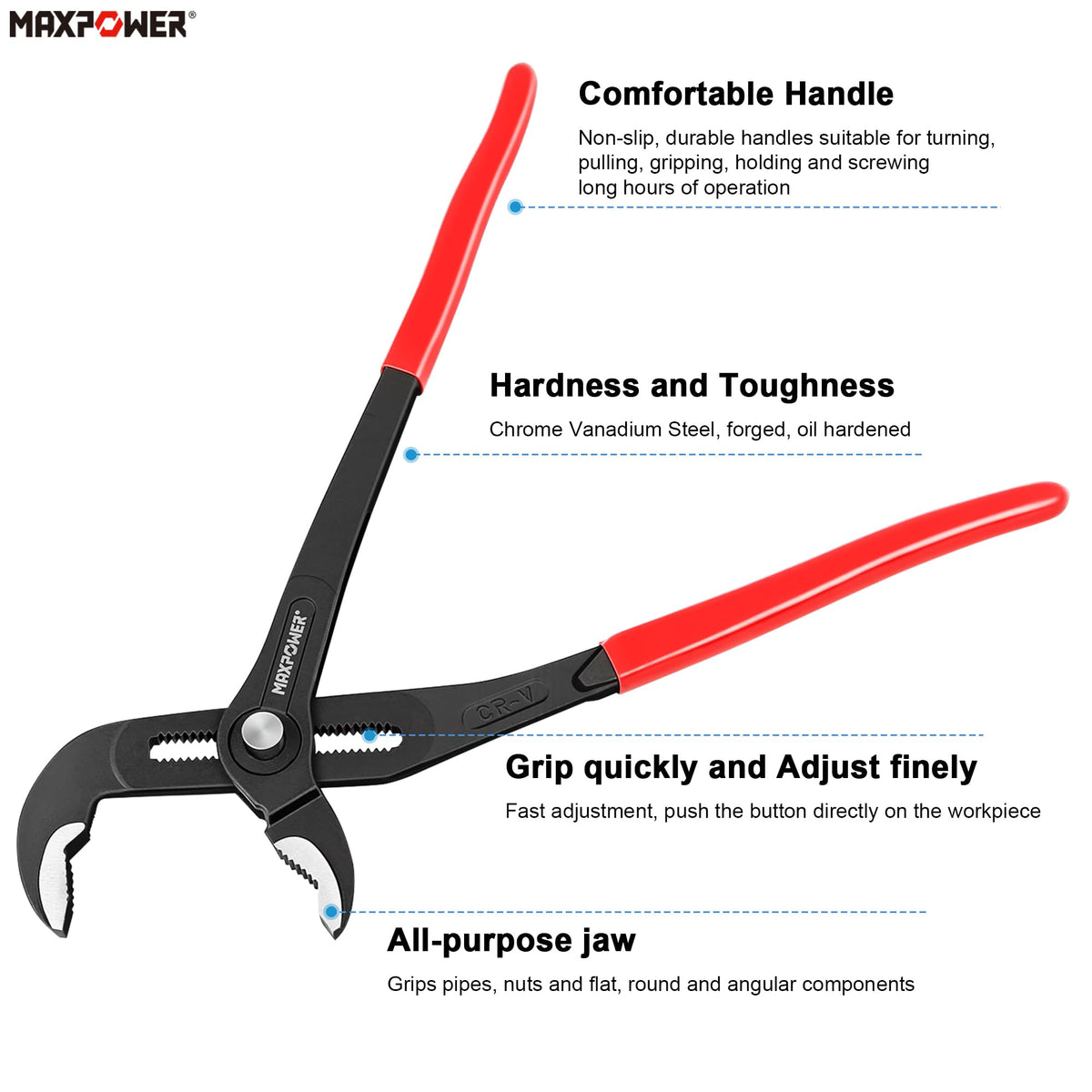 MAXPOWER 16inch pliers gripping large fittings with strong leverage.