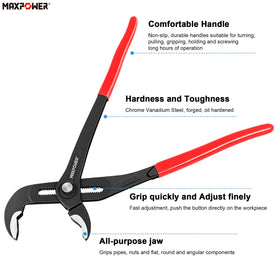 MAXPOWER 16inch pliers gripping large fittings with strong leverage.