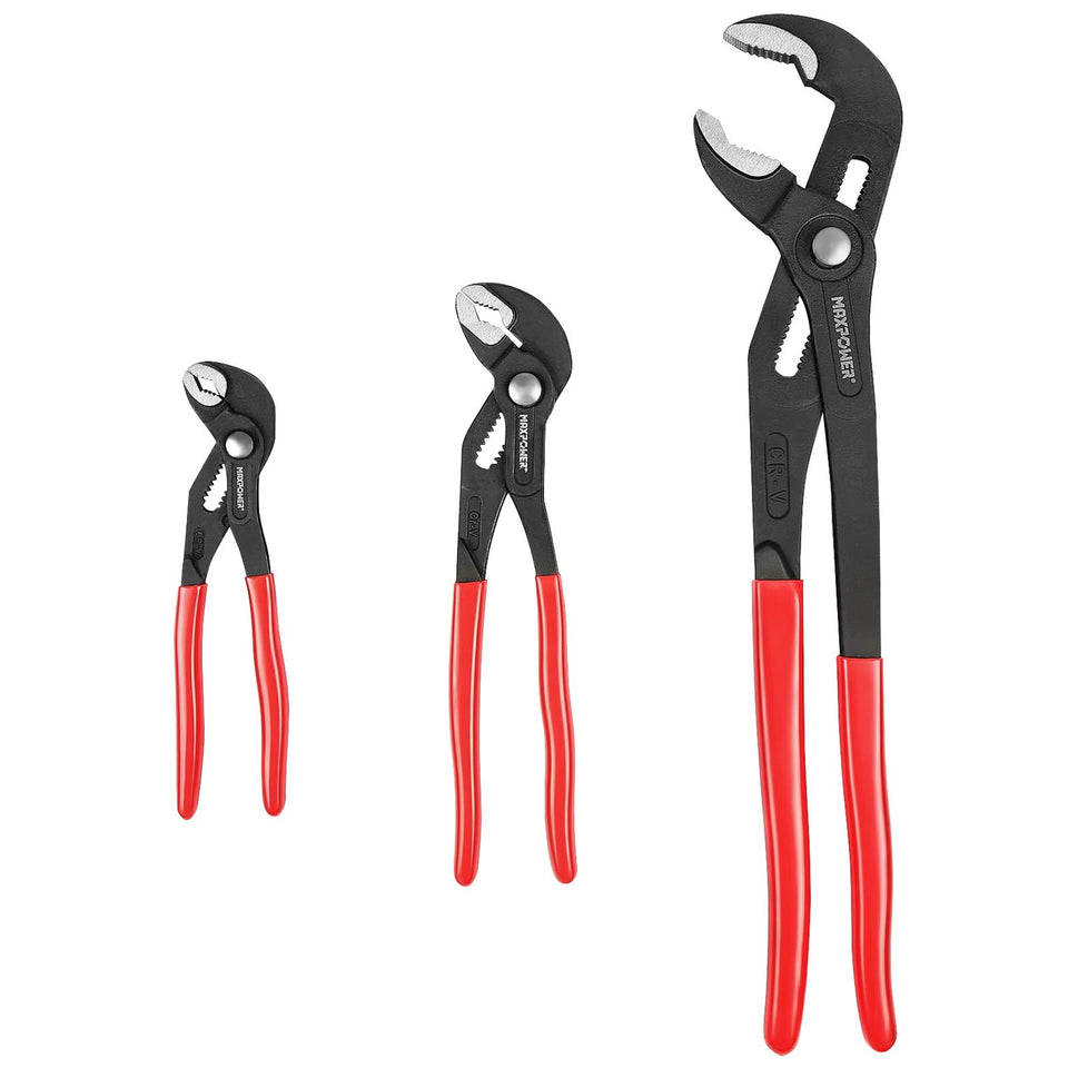 MAXPOWER 3-piece water-pump pliers set 7inch in action for plumbing fittings.