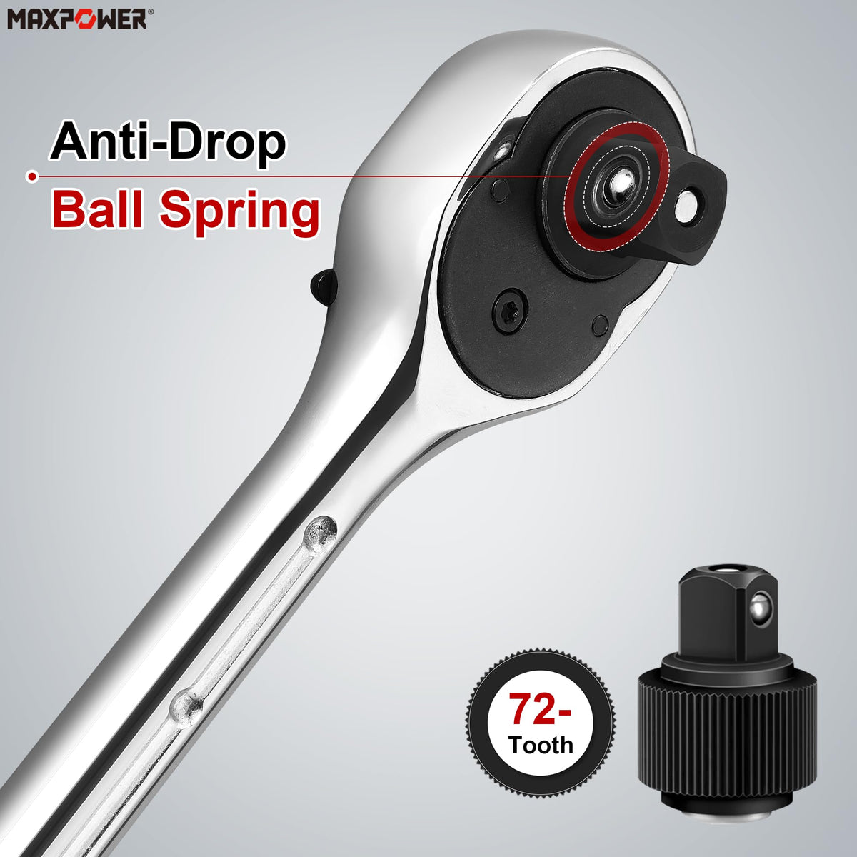 MAXPOWER 72-tooth mechanism provides smooth, precise turning.