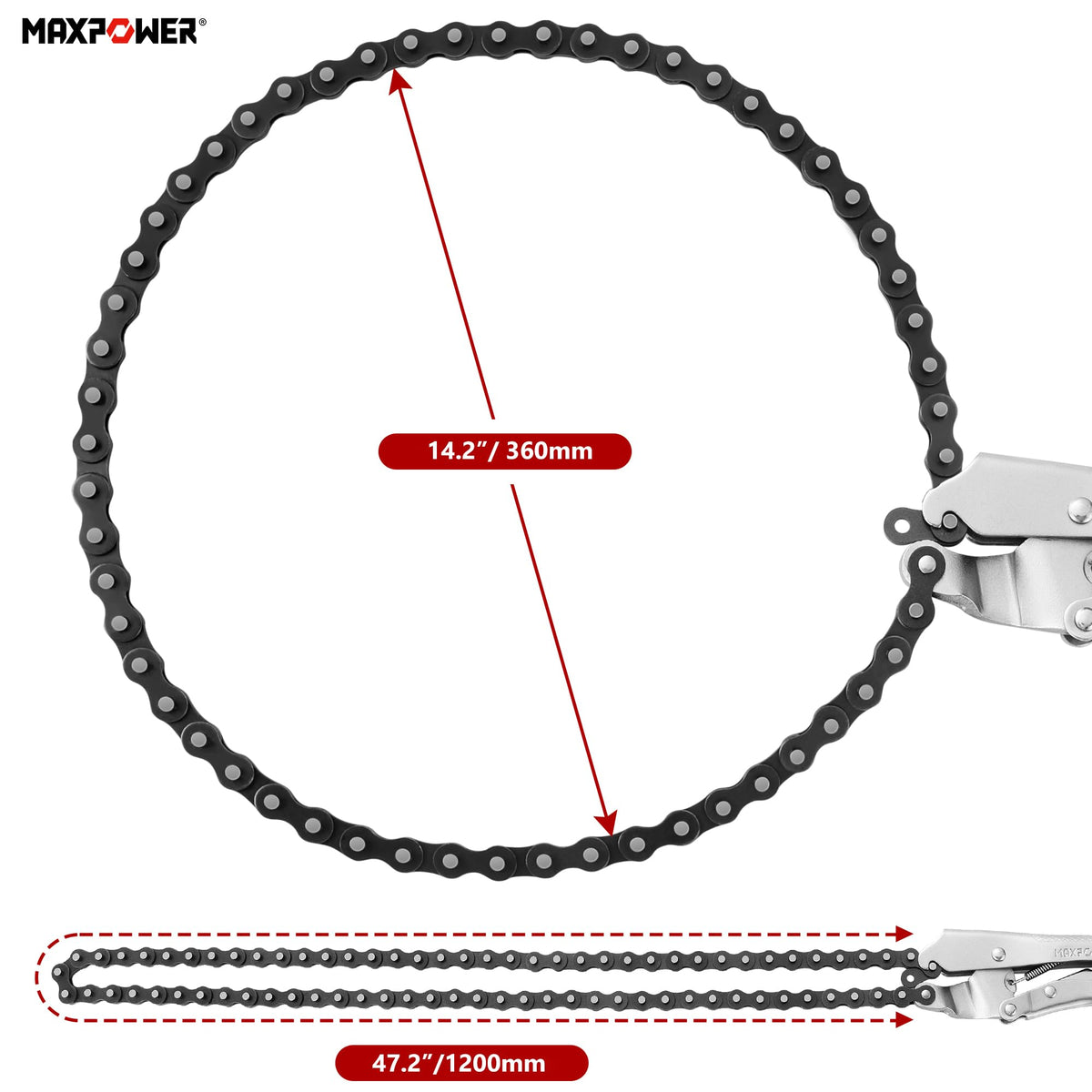 MAXPOWER locking chain around a large chain, demonstrating 47.2-inch reach