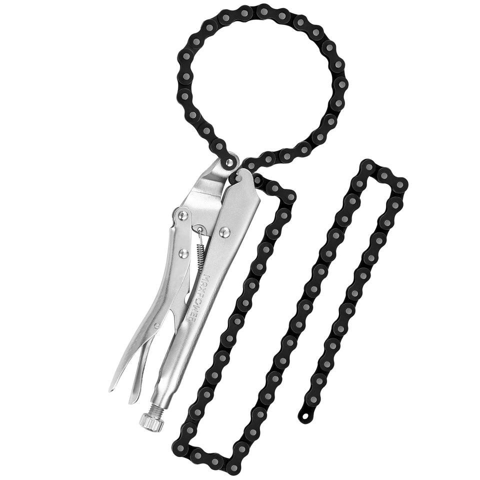 MAXPOWER locking chain pliers 9-inch in use, showcasing secure grip capability