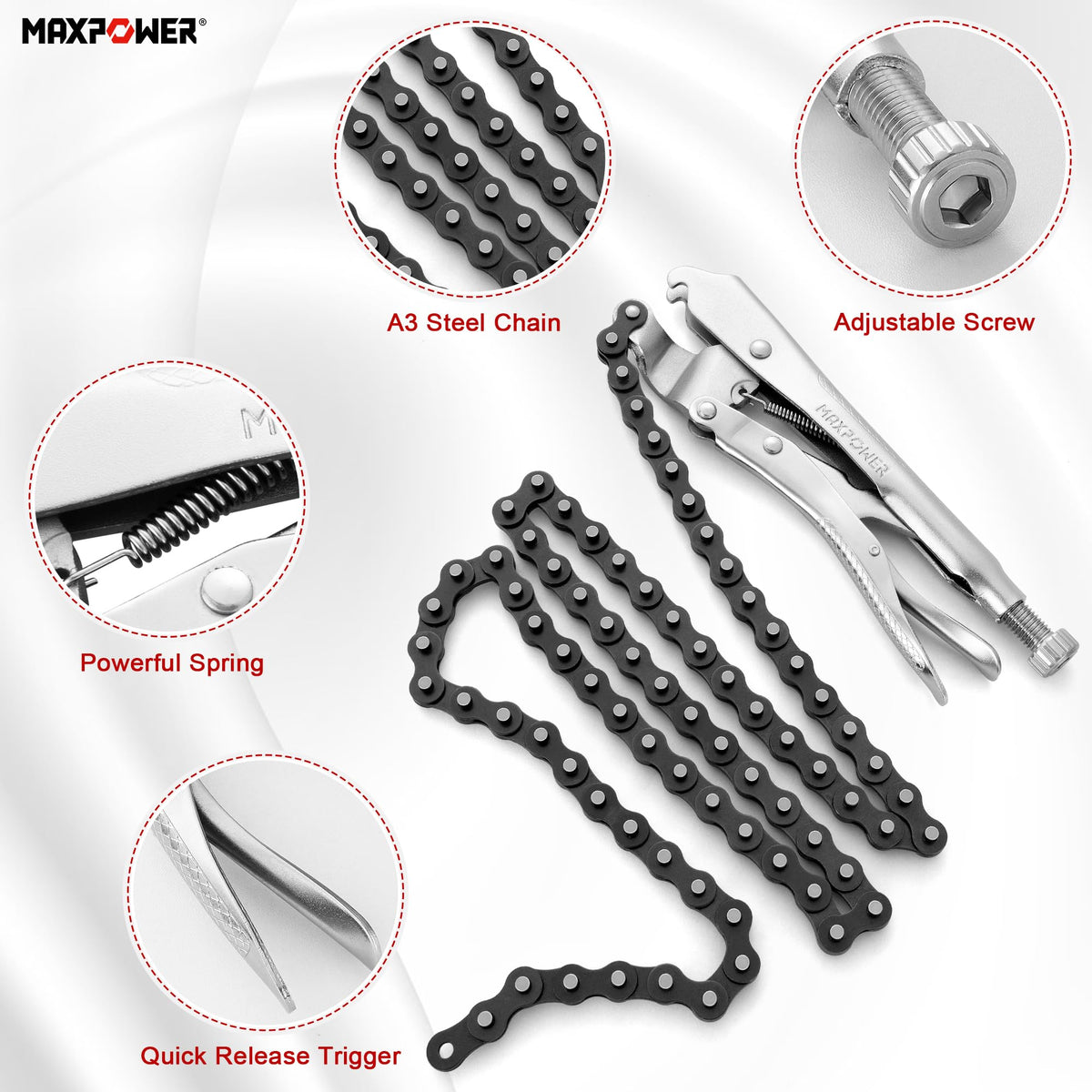 MAXPOWER locking chain pliers jaws open around a round pipe for secure hold