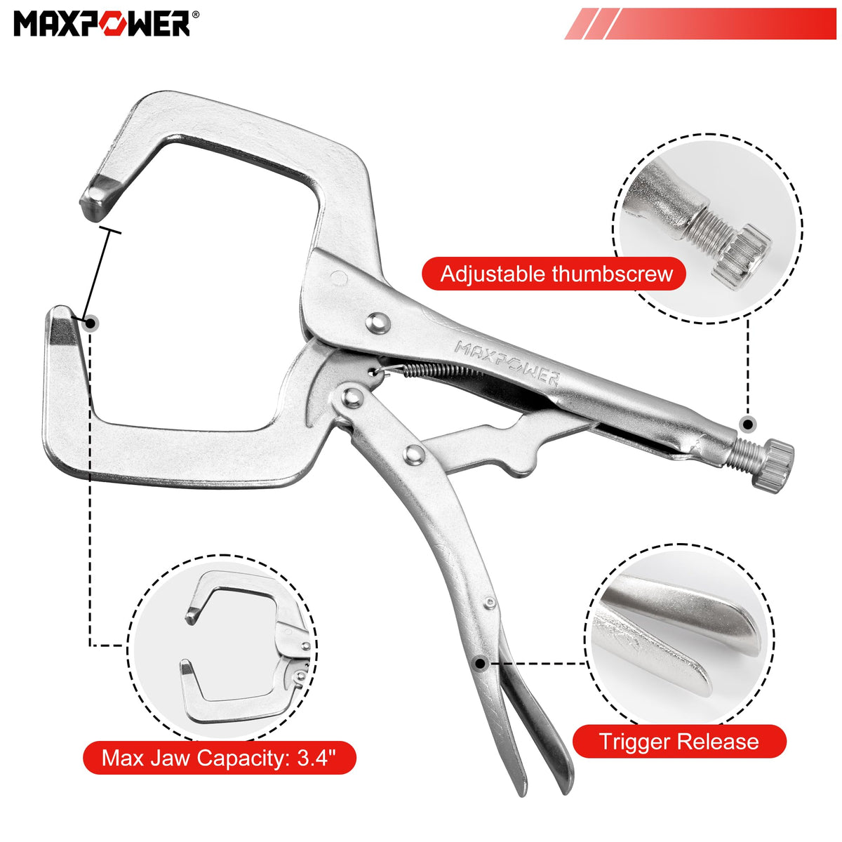 MAXPOWER adjustable mechanism with screw lock and trigger release for precise pressure control.