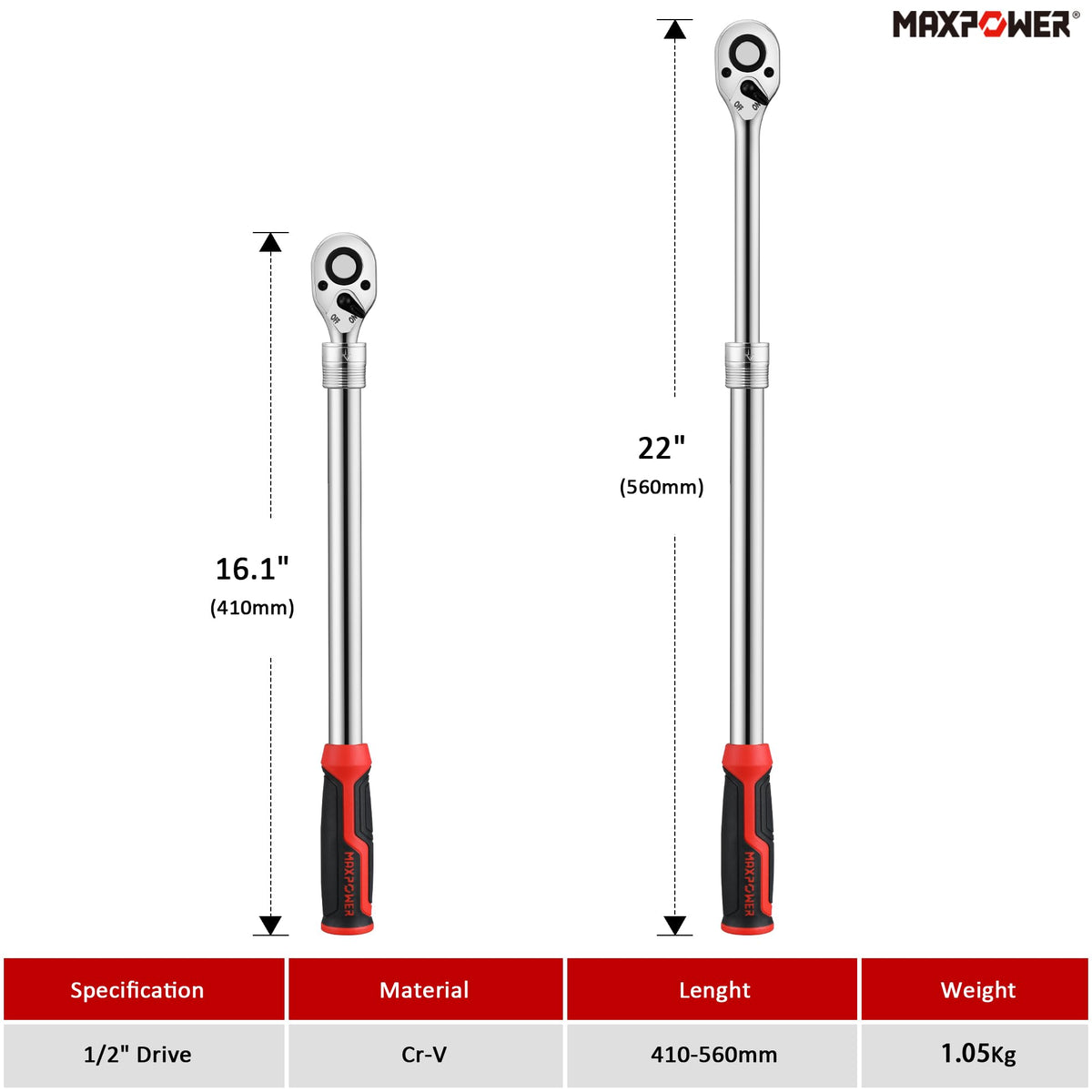 MAXPOWER quick-release ratchet head enables fast socket changes.