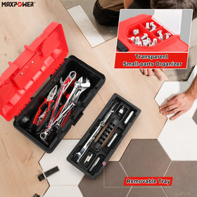 MAXPOWER red toolbox with lock-hole feature for added security during transport.