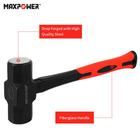 MAXPOWER sledge hammer features a 12-inch fiberglass handle for leverage.