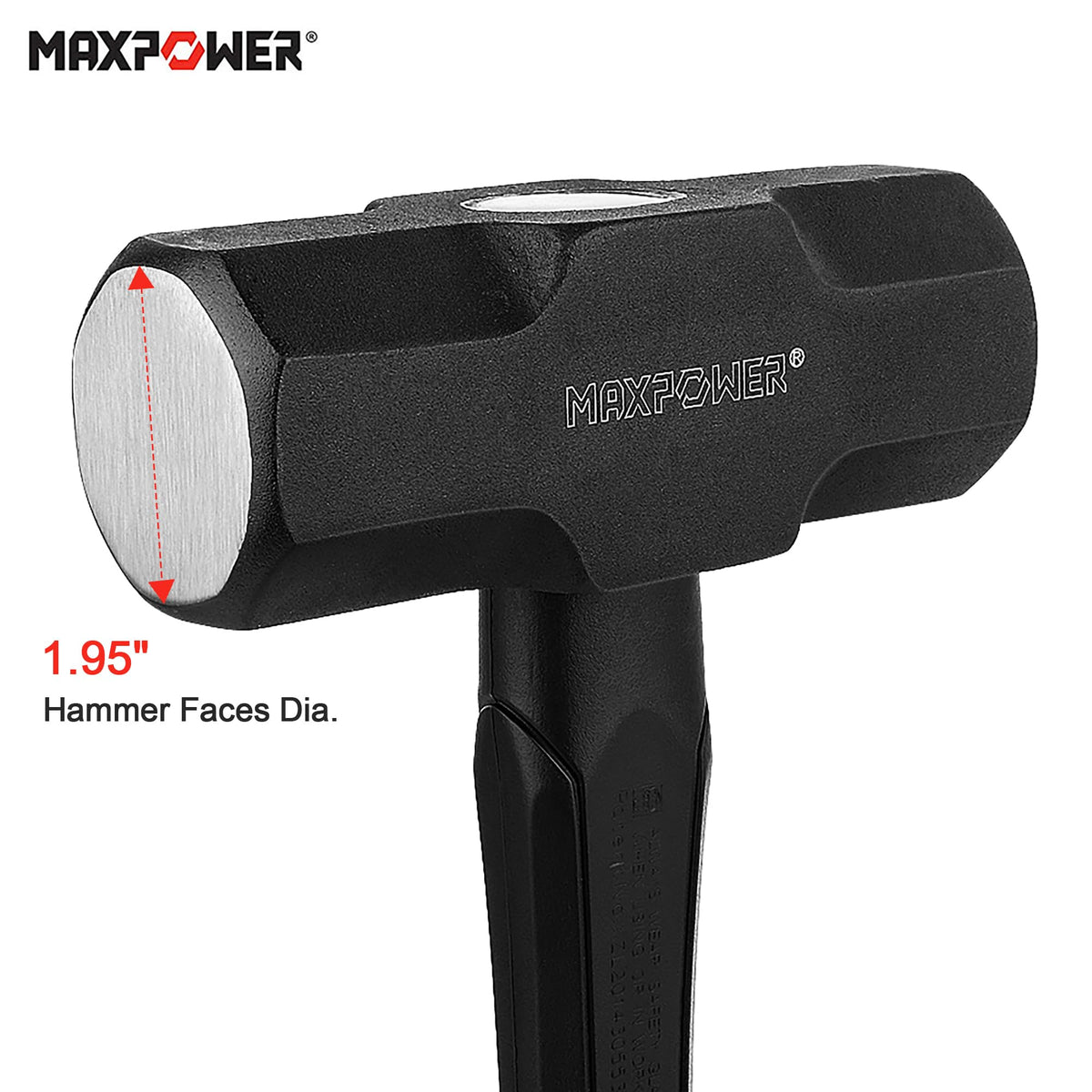 Ergonomic anti-slip rubber grip on MAXPOWER sledge hammer for secure control.